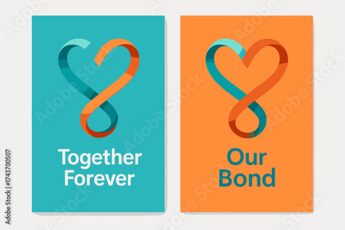 Infinity Heart Banners. Together Forever. Two vertical A6 banners, minimal, turquoise and orange backgrounds, infinity heart formed by two ribbons with subtle