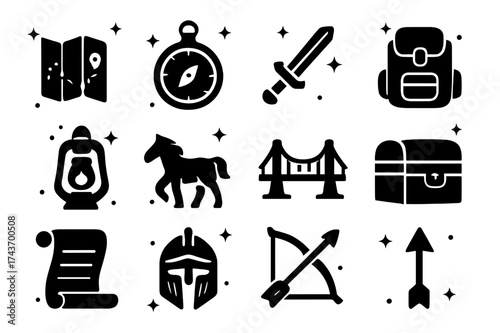 Adventure Icon Set. Adventure & Exploration. Solid icons set of Adventure & Exploration: Map, Compass, Sword, Backpack, Lantern, Horse, Bridge, Treasure Chest,