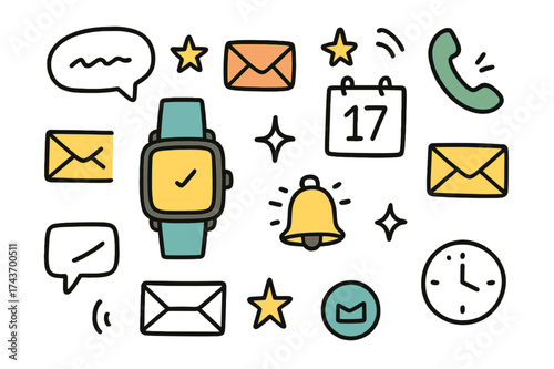 Smartwatch Notification Icons. Notifications. Hand-drawn doodle illustration smartwatch (colored), chat bubble, email icon (colored), calendar reminder, call