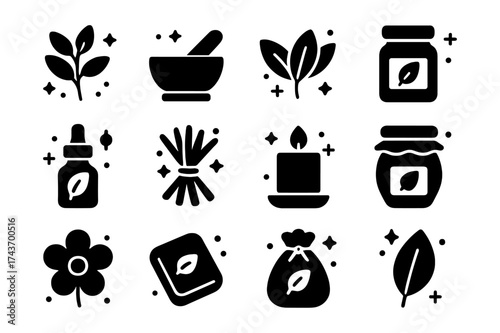 Herbal Product Icons. Herbal Goods. Solid icons set of herb sprig, mortar and pestle, tea leaves, spice jar, essential oil bottle, bundle of herbs, candle,