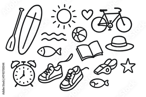 Recreation Doodle Icons. Recreation. Hand-drawn doodle illustration recreation paddleboard, paddle, bicycle, ball, waves, sun, heart, fish, book, hat, clock,