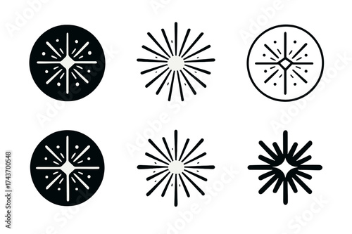 Energetic Logo Variations. Light particles bursting from a source. Set Logo of Science: energetic burst icon. harmonious logo variations of the same emblematic