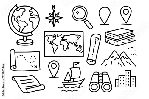 Atlas Icons Sketch. Atlas. Hand-drawn doodle illustration atlas globe, world map, compass, magnifying glass, map pin, rolled map, books, scroll, location