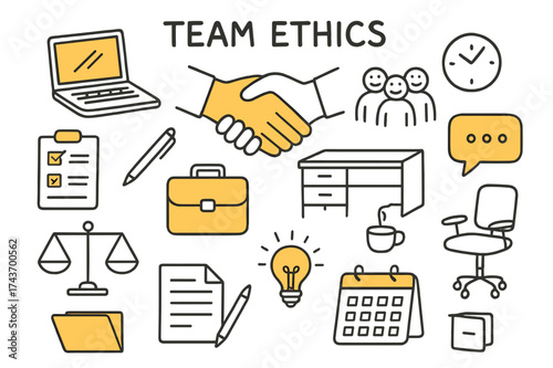 Teamwork Essentials Illustrated. Team Ethics. Hand-drawn doodle illustration team ethics handshake (accented), teamwork, laptop (accented), office desk,