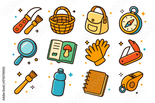 Foraging Tools Icons. Foraging tools. Colorful isometric vector icons set of foraging tools: mushroom knife, wicker basket, canvas bag, compass, magnifying