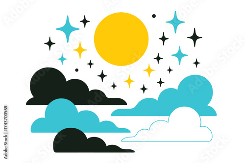 Moonlit Serenity. Sky of stillness. A glowing moon above calm cloud layers, abstract floating stars and sparkles highlighting quiet nighttime peace. Modern