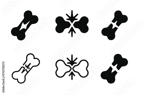 Bone Healing Logos. How bones heal after an injury. Set Logo of How bones heal after an injury: broken bone with spark of light. harmonious logo variations of
