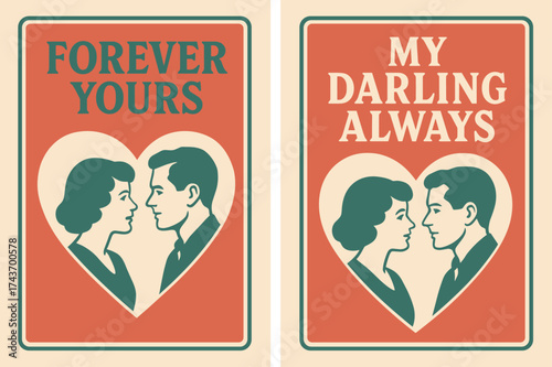 Vintage Love Banners. Togetherness. Two vertical A6 banners with safe margins, centered composition, no elements touching edges, retro style, coral and teal,
