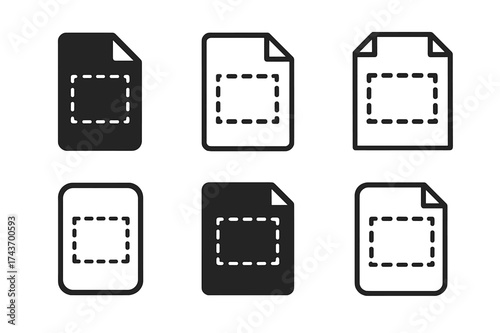 Logo Variations Grid. Address label. Set Logo of paper sheet: rectangular sheet with dashed border for writing. harmonious logo variations of the