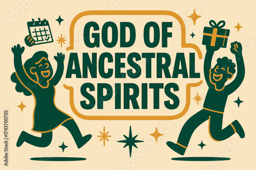 Ancestral Spirits Celebration. God of Ancestral Spirits banner, flat vector illustration, bold oversized text inside sticker outline, cartoon characters