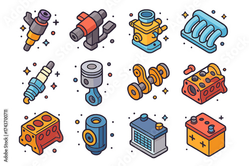 Colorful Fuel System Icons. Fuel system. Colorful isometric vector icons set of fuel system: fuel injector, fuel pump, carburetor, intake manifold, spark plug,