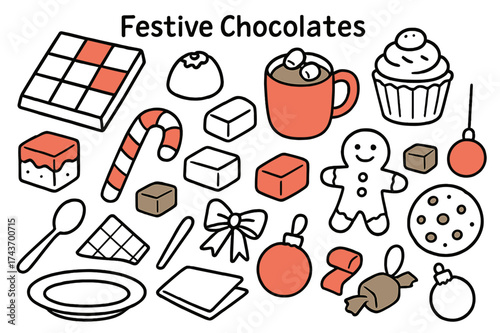 Festive Chocolate Delights. Festive Chocolates. Hand-drawn doodle illustration festive chocolates chocolate bar (accented), truffle, candy cane (accented),
