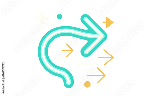 Dynamic Neon Arrow. Neon arrow. Glowing arrow bending with abstract curves pointing to the right. Floating sparkle and geometric icons showing direction and