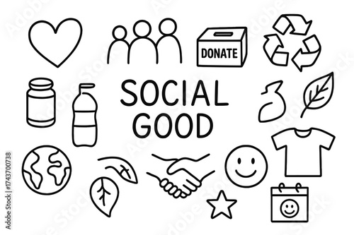 Social Good Icons. Social good. Hand-drawn doodle illustration social good heart, people group, donation box, recycling symbol, leaf, globe, food can, water