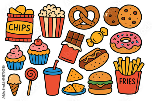 Colorful Snack Doodles. Snacks. Colorful Hand-drawn doodle Children illustration Potato chips, popcorn, pretzel, cookie, cupcake, chocolate bar, candy, donut,