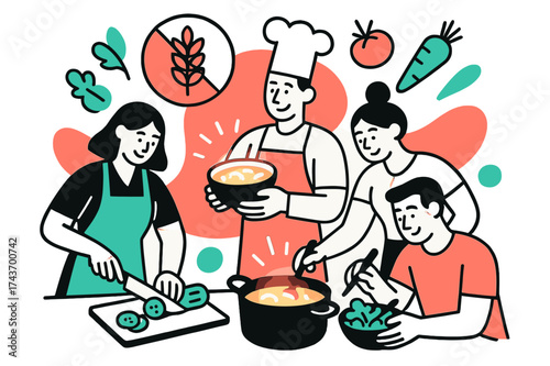 Gluten-Free Culinary Adventure. Cooking Class. A group of characters preparing glowing gluten-free meals together, abstract floating icons of wheat crossed out