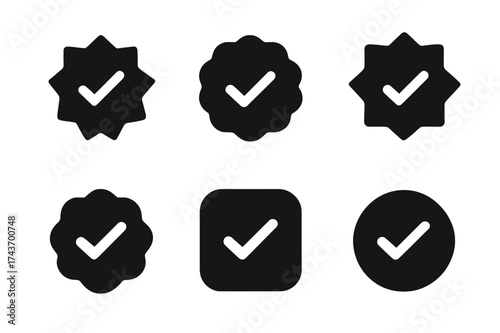 Verified Logo Compilation. Social media bio optimization tips. Set Logo of verified checkmark: Abstract geometric, Filled silhouette, Symmetrical form,