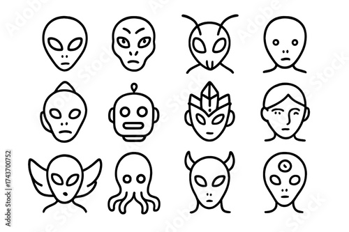 Diverse Alien Icon Set. Alien species. Line icon set of Alien species: grey alien, reptilian alien, insectoid alien, humanoid alien, aquatic alien, robot