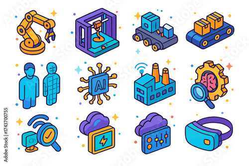 Smart Manufacturing Icons. Smart Manufacturing. Colorful isometric vector icons set of Smart Manufacturing: robotic arm, 3D printer, AI chip, conveyor system,