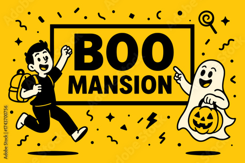 BooMansion Banner Extravaganza. BooMansion banner, flat vector illustration, bold oversized text inside rectangular frame, cartoon characters jumping and