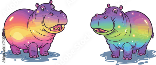 Rainbow cartoon hippopotamus vector, colorful fantasy animal illustration, cute smiling hippos on water puddles, playful children design art
