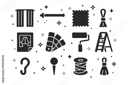 Room Makeover Icons. Room Makeover. Solid icons set of Room Makeover: Curtain Panel, Curtain Rod, Fabric Sample, Tieback, Sketch, Color Palette, Roller,
