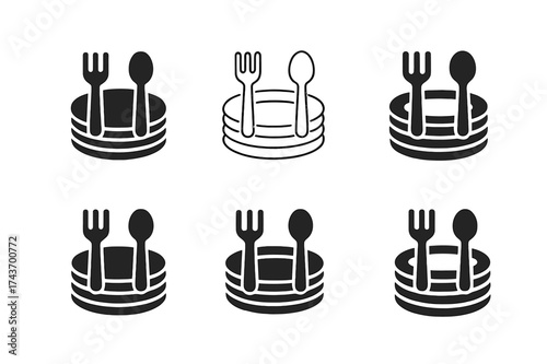 Party Cooking Logos. Cooking for large groups and parties. Set Logo of Cooking for large groups and parties: Stack of disposable plates and utensils.