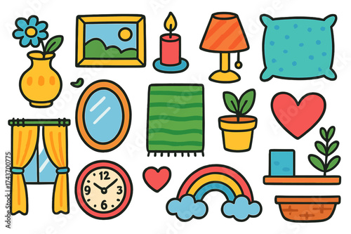 Colorful Home Decor Doodles. Decor. Colorful Hand-drawn doodle Children illustration Vase, flower pot, picture frame, candle, lamp, pillow, mirror, curtain,