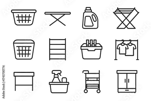 Laundry Icon Set. Laundry storage. Line icon set of Laundry storage: laundry basket, ironing board, detergent bottle, dryer rack, hamper, storage shelf,