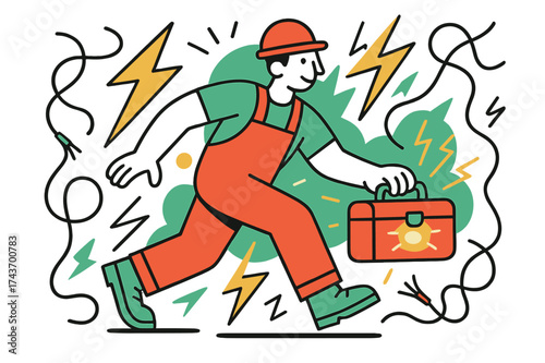 Emergency Repair Scene. Emergency Repair. A worker holding a glowing toolbox, wires floating around as abstract lightning bolts crackle in the background.
