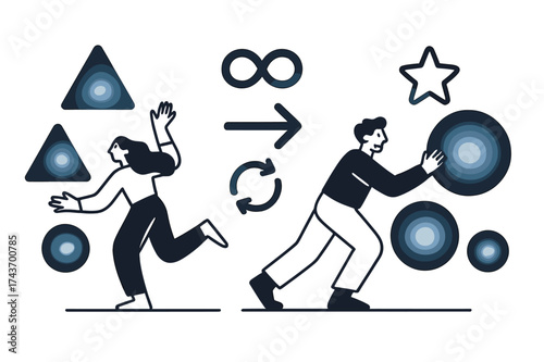 Abstract Shape Transformation. Paradigm evolution. Abstract glowing shapes shifting from rigid triangles into fluid circles. Floating infinity, cycle, and star