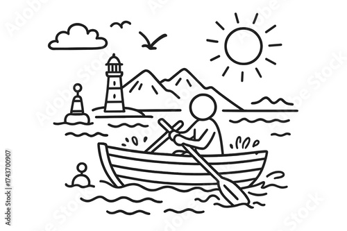 Rowboat Adventure Doodle. Rowing a boat. Hand-drawn doodle illustration rowing a boat wooden rowboat, crossed oars, paddler sitting, flowing water, water