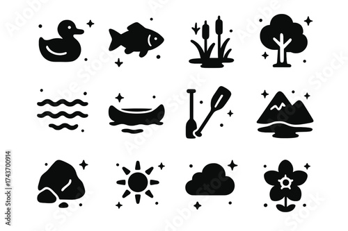 Lakeside Wildlife Icons. Lakeside Wildlife. Solid icons set of Lakeside Wildlife: Duck, Fish, Reeds, Tree, Lake, Canoe, Paddle, Mountain, Rock, Sun, Cloud,
