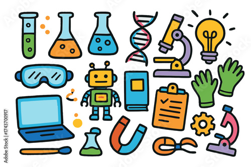 Colorful Science Doodles. Experiments. Colorful Hand-drawn doodle Children illustration Test tube, flask, beaker, microscope, DNA strand, notebook, goggles,