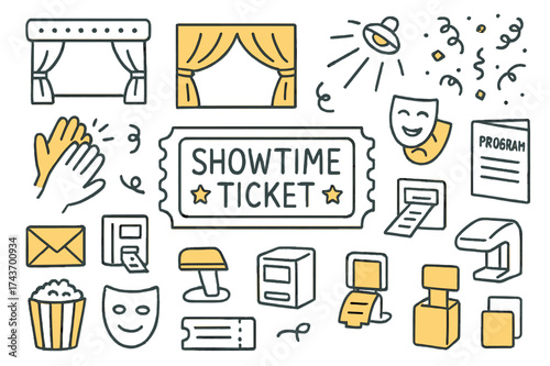 Showtime Theater Doodles. Showtime Ticket. Hand-drawn doodle illustration showtime ticket playbill (accented), theater ticket, stage, curtain (accented),