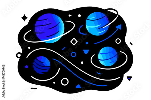 Cosmic Geometric Planets. Floating planets. Glowing planets suspended in abstract deep space, orbiting light lines and floating geometric shapes emphasizing