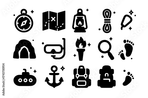 Exploration Depth Icons. Exploration depth. Solid icons set of Exploration depth: compass, map, lantern, rope, cave entrance, diving mask, torch, magnifying