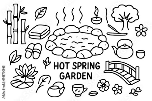 Hot Spring Oasis. Hot Spring Garden. Hand-drawn doodle illustration Hot Spring Garden water pool, steam, rocks, bamboo, towel, slippers, teapot, cup, lotus,