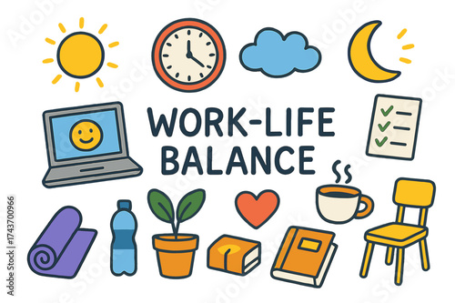 Work-Life Balance Icons. Work-Life Balance. Colorful Hand-drawn doodle Children illustration laptop, clock, yoga mat, water bottle, plant, coffee cup, heart,