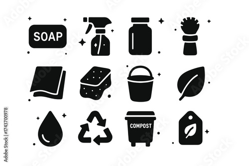 Zero-Waste Cleaning Icons. Zero-waste cleaning. Solid icons set of Zero-waste cleaning: soap bar, glass spray bottle, refill jar, bamboo brush, cleaning cloth,