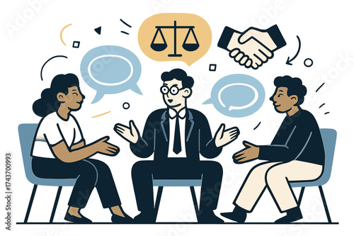 Mediation Dynamics. Mediation session. Manager sitting between two employees, glowing speech bubbles connecting them. Floating balance and handshake icons