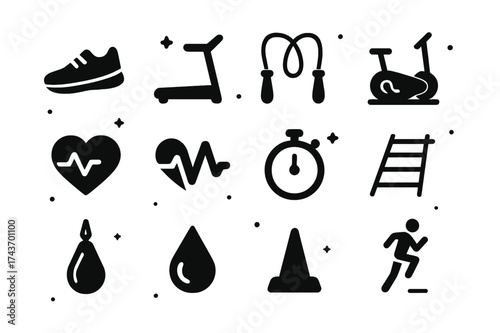 Cardio Exercise Icons. Cardio Training. Solid icons set of Cardio Training: running shoe, treadmill, jump rope, stationary bike, heart icon, pulse line,