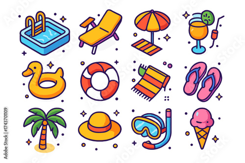 Resort Fun Icons. Resort Fun. Colorful isometric vector icons set of resort fun: swimming pool, lounge chair, umbrella, cocktail, inflatable swan, lifebuoy,