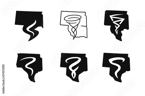 Tornado Preparedness Logos. Tornado-prone regions and disaster preparedness. Set Logo of storm path: winding tornado trajectory over map outline. harmonious