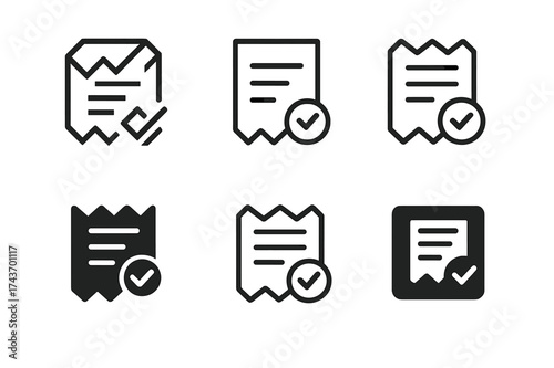 Logo Variations Grid. Checkout process. Set Logo of Checkout process: Receipt. harmonious logo variations of the same emblematic concept, each with different