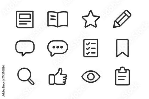Reader Feedback Icons. Reader feedback. Line icon set of Reader feedback: magazine, open pages, star, pencil, speech bubble, comment bubble, checklist,
