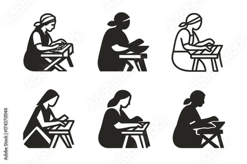 Rural Artisan Logos. Women entrepreneurs in rural areas. Set Logo of Women entrepreneurs in rural areas: Handicraft artisan at a workbench. harmonious logo