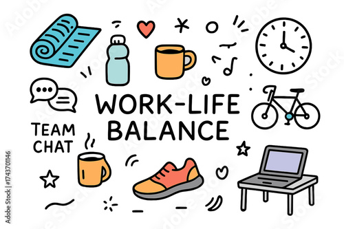 Balanced Life Icons. Work-Life Balance. Hand-drawn doodle illustration yoga mat (colored), water bottle, coffee mug (colored), desk, laptop (colored), clock,