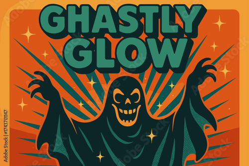 Retro Spooky Glow. Ghastly Glow ? Retro Poster, bold rounded retro font, halftone dot texture with sparkles, centered radiant layout, nostalgic spooky-poster