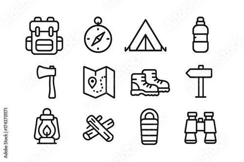 Hiking Essentials Icons. Hiking Essentials. Line icon set of Hiking Essentials: backpack, compass, tent, water bottle, hatchet, map, boots, trail sign,